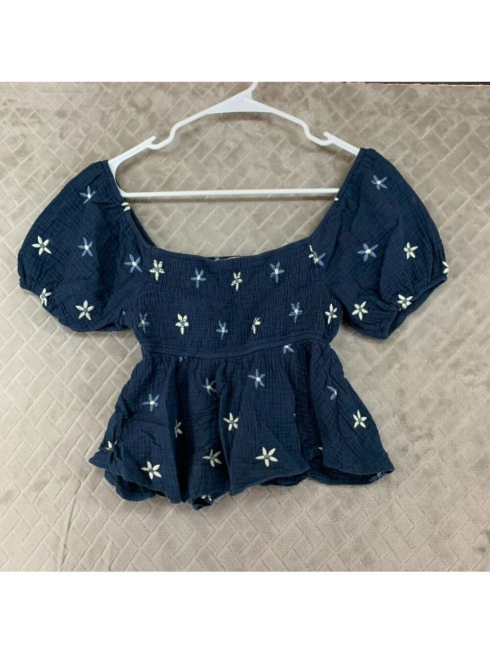 Thirty Thirty LA Peplum Top Women S Cropped Navy Blue Floral Embroidered Smocked